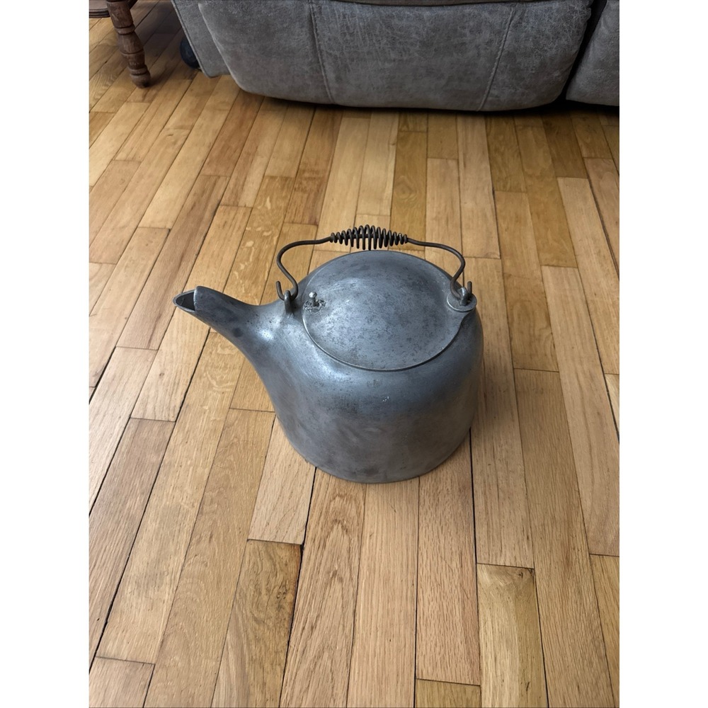 Vintage Cast Aluminum Tea Kettle Coil Handle Rustic Farmhouse Decor Wabi Sabi